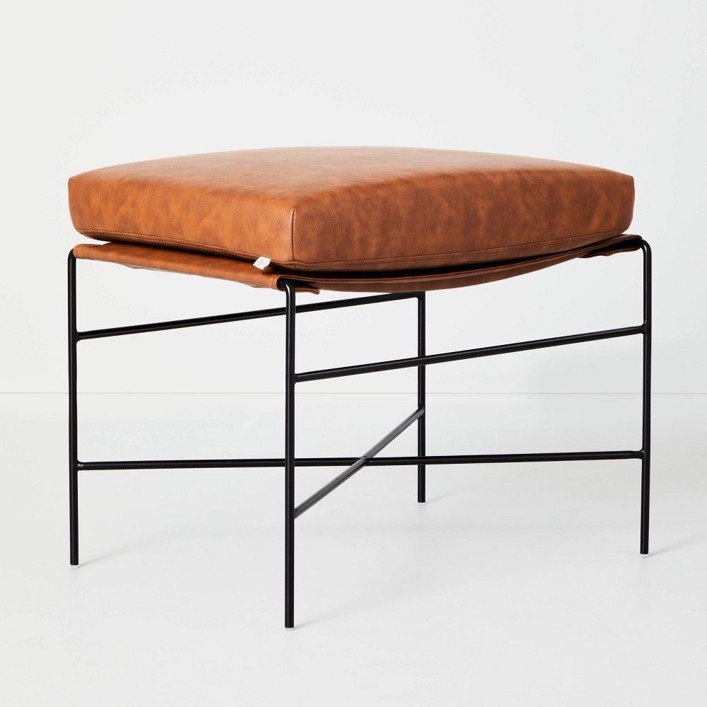 Hearth & Hand Magnolia Faux Leather & Metal Ottoman Black Brown New
